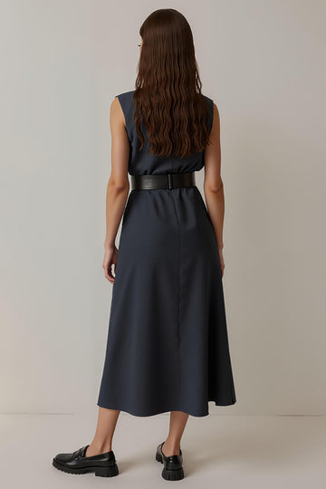 Navy A Line Satin Tea Length Work Dress with Belt